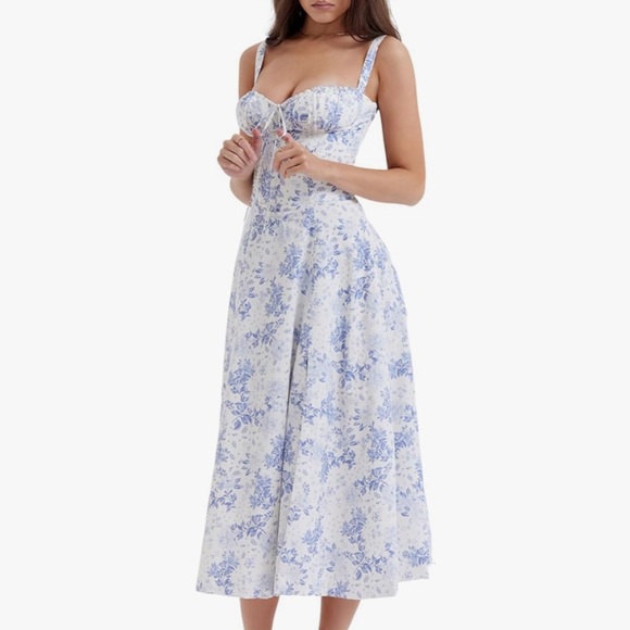 Dresses & Skirts - Floral Square Neck Midi Dress in Blue and White